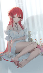 Rule 34 | 1girl, bad id, bad pixiv id, bare shoulders, barefoot, breasts, cross-laced clothes, cross-laced top, dress, earrings, eyelashes, eyeliner, flower, hair bun, highres, jewelry, long hair, looking at viewer, makeup, ohisashiburi, original, piercing, red eyes, red hair, red ribbon, ribbon, single hair bun, sitting, solo, white dress, wings
