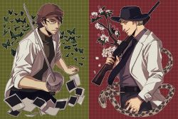 Rule 34 | 2boys, alto clef, assa, blonde hair, brown hair, bug, butterfly, facial hair, flower, glasses, green background, gun, hat, bug, kondraki, lab coat, male focus, multiple boys, necktie, parted lips, photo (object), plant, red background, scp-408, scp foundation, smile, snake, sword, weapon