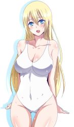 Rule 34 | 1girl, bare shoulders, blonde hair, blue eyes, blush, breasts, cleavage, covered navel, female focus, groin, hair between eyes, hara (harayutaka), highres, large breasts, long hair, looking at viewer, navel, one-piece swimsuit, open mouth, original, shadow, shiny skin, smile, solo, standing, swimsuit, thigh gap, wet, white one-piece swimsuit