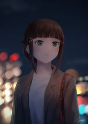 Rule 34 | 10s, 1girl, alternate hairstyle, backlighting, bad id, bad pixiv id, bag, blunt bangs, blurry, blush, bokeh, brown hair, brown jacket, casual, depth of field, green eyes, hair ornament, hairclip, highres, jacket, kurosawa dia, light smile, lips, looking to the side, love live!, love live! sunshine!!, mole, mole under mouth, night, night sky, open clothes, open jacket, outdoors, papi (papiron100), parted lips, shirt, short hair, shoulder bag, sidelocks, signature, sky, solo, standing, upper body, white shirt