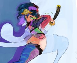 Rule 34 | 1girl, ass, black hair, comb, commentary, drawing, drawing sword, flower, hair flower, hair ornament, highres, holding, holding sword, holding weapon, looking at viewer, looking to the side, momohime, oboro muramasa, purple thighhighs, red eyes, sheath, short hair, sketch, solo, spicy bardo, sword, thick thighs, thighhighs, thighs, unsheathing, weapon