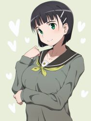 Rule 34 | 1girl, arm under breasts, black hair, black sailor collar, breasts, collarbone, green eyes, hair ornament, hairclip, hand up, kirigaya suguha, large breasts, looking at viewer, neckerchief, puge, sailor collar, short hair, simple background, solo, sword art online, upper body, white background, yellow neckerchief