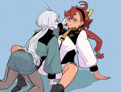Rule 34 | !, 2girls, absurdres, ahoge, arm support, black footwear, black hairband, black pantyhose, blue background, blue eyes, blush, boots, closed mouth, commentary, eye contact, green jacket, green shorts, gundam, gundam suisei no majo, hairband, hand on another&#039;s face, highres, jacket, joker (jjjokerrr233), long hair, long sleeves, looking at another, miorine rembran, multiple girls, necktie, pantyhose, ponytail, red hair, shadow, shorts, simple background, suletta mercury, white hair, white jacket, white shorts, yellow necktie, yuri