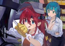 Rule 34 | 2girls, :p, black skirt, blue eyes, breasts, cleavage, collared shirt, formal, gloves, green eyes, green hair, high-waist skirt, highres, hipa (some1else45), holding, holding wrench, horns, jewelry, large breasts, long hair, long sleeves, multiple girls, nahia (some1else45), necklace, office lady, open mouth, original, pencil skirt, red hair, shirt, side ahoge, skirt, sleeves rolled up, some1else45, thick eyebrows, tongue, tongue out, welding mask, white shirt, wrench, yellow gloves