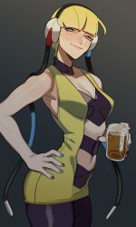 Rule 34 | absurdres, alcohol, bare arms, beer, beer glass, black pantyhose, blonde hair, blue eyes, blue nails, breasts, closed mouth, clothing cutout, cowboy shot, creatures (company), cup, dark background, dress, elesa (pokemon), game freak, hand on own hip, headphones, highres, holding, holding cup, looking at viewer, multicolored nails, nintendo, pantyhose, pokemon, pokemon bw2, porqueloin, red nails, short dress, simple background, small breasts, smile, stomach cutout