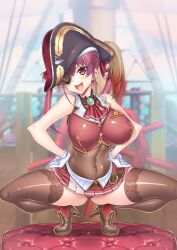 Rule 34 | 1girl, :d, absurdres, ass, bare shoulders, belt, black thighhighs, breasts, covered erect nipples, eyepatch, gloves, hands on own hips, hat, high heels, highres, hiyohiyo, hololive, houshou marine, large breasts, leotard, long hair, looking at viewer, navel, open mouth, pirate hat, pleated skirt, purple hair, red eyes, ship, skirt, sleeveless, smile, solo, squatting, thighhighs, tiptoes, twintails, virtual youtuber, watercraft, white gloves