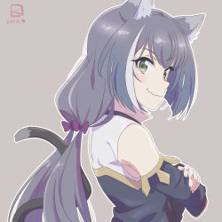 Rule 34 | 1girl, animal ears, cat ears, cat girl, cat tail, crossed arms, detached sleeves, green eyes, grey hair, karyl (princess connect!), long hair, looking at viewer, low twintails, miyahara takuya, multicolored hair, princess connect!, smile, solo, streaked hair, tail, twintails, two-tone hair, upper body, white hair