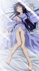 Rule 34 | 00s, 1girl, barefoot, bed, cleft of venus, flat chest, hayate no gotoku!, highres, japanese clothes, kimono, nude, nude filter, open clothes, open robe, pussy, robe, saginomiya isumi, sleeping, solo, third-party edit, uncensored