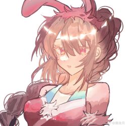 Rule 34 | 1girl, animal ears, artist request, bare shoulders, braid, braided ponytail, breasts, brown hair, collarbone, commission, douluo dalu, dress, dress straps, hair tie, highres, long hair, medium breasts, parted lips, pink eyes, purple dress, rabbit ears, second-party source, sidelocks, solo, upper body, white background, xiao wu (douluo dalu)
