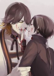Rule 34 | 10s, 2boys, androgynous, blonde hair, blood, brown hair, earrings, eye contact, facial hair, hand on another&#039;s face, hiki yuichi, japanese clothes, jewelry, kashuu kiyomitsu, long hair, looking at another, male focus, military uniform, mole, mole under mouth, multicolored hair, multiple boys, nagasone kotetsu, nail polish, parted lips, personification, ponytail, red nails, simple background, smile, touken ranbu, traditional clothes, two-tone hair, yaoi