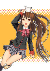 Rule 34 | 17:13, 1girl, animal, animal on head, bad id, bad pixiv id, bow, brown hair, cat, cat on head, lennon, little busters!, long hair, natsume rin, on head, pink bow, plaid, plaid skirt, ponytail, red eyes, school uniform, skirt, solo