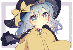 Rule 34 | 1girl, aoi (annbi), aqua eyes, aqua hair, black hat, blush, bow, bright pupils, commentary request, framed, frilled hat, frilled sleeves, frills, hand up, hat, hat bow, komeiji koishi, long sleeves, looking at viewer, medium hair, outside border, shirt, smile, solo, touhou, upper body, white background, white pupils, wide sleeves, yellow bow, yellow shirt