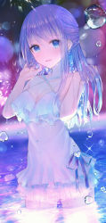 Rule 34 | 1girl, blue eyes, blue hair, blurry, blurry background, blush, bokeh, breasts, caustics, cleavage, collarbone, cowboy shot, criss-cross halter, depth of field, dress swimsuit, dripping, earrings, frilled swimsuit, frills, glint, half updo, halterneck, hand in own hair, hands up, heart, highres, jewelry, long hair, looking at viewer, medium breasts, one-piece swimsuit, original, pabo, pool, purple eyes, ribbon, sparkle, swimsuit, wading, water, water drop, wet, wet hair, white one-piece swimsuit