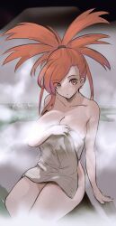 Rule 34 | 1girl, breasts, cleavage, closed mouth, covering privates, creatures (company), flannery (pokemon), game freak, highres, medium breasts, nintendo, nude, nude cover, onsen, pokemon, pokemon rse, red eyes, red hair, sitting, solo, steam, sweat, towel, vialnite
