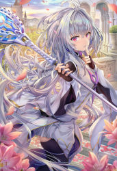 Rule 34 | 1girl, ahoge, black gloves, black pants, breasts, castle, fate/grand order, fate/prototype, fate (series), fingerless gloves, flower, gloves, highres, holding, holding staff, index finger raised, long hair, long sleeves, looking at viewer, medium breasts, merlin (fate/prototype), merlin (fate/prototype) (second ascension), pants, parted lips, petals, purple eyes, robe, smile, staff, thighs, torino aqua, very long hair, white hair, white robe, wide sleeves
