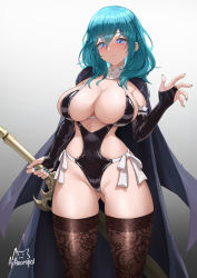 Rule 34 | 1girl, achromaru, aqua hair, aqua nails, artist name, black gloves, black leotard, black thighhighs, blue eyes, blush, breasts, bridal gauntlets, byleth (female) (fire emblem), byleth (fire emblem), closed mouth, covered navel, detached collar, fire emblem, gloves, gluteal fold, gradient background, hair between eyes, highres, holding, holding sword, holding weapon, large breasts, leotard, light smile, long hair, looking at viewer, nail polish, nintendo, revision, solo, sword, thighhighs, warrior, weapon