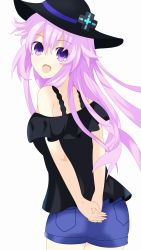Rule 34 | adult neptune, frilly top, happy, hat, highres, irogami024, long hair, neptune (neptunia), neptune (seires), neptune (series), open mouth, purple eyes, purple hair, shorts, thighs, very long hair