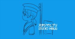 Rule 34 | 1girl, blue theme, commentary request, dress, hat, hiburi (kancolle), inishie, kantai collection, lineart, low ponytail, machinery, monochrome, parody, profile, sailor collar, sailor dress, sailor hat, short hair, solo, studio ghibli, upper body