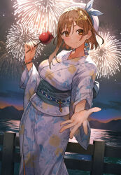 Rule 34 | 1girl, atelier (series), atelier ryza, atelier ryza 3, blush, bow, bracelet, breasts, brown eyes, brown hair, candy apple, closed mouth, commentary request, dutch angle, earrings, fireworks, floral print, floral print kimono, food, hair ornament, hairclip, hat, hat bow, highres, japanese clothes, jewelry, kimono, large breasts, looking at viewer, medium hair, obi, official art, print kimono, reaching, reaching towards viewer, reisalin stout, sash, second-party source, smile, solo, standing, summer festival, toridamono, water, white hat, x hair ornament, yukata