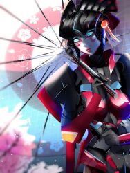 Rule 34 | 1girl, autobot, blue eyes, breasts, cheazcayk, cherry blossoms, flame toys, flame toys windblade, highres, holding, holding umbrella, humanoid robot, mecha musume, medium breasts, red lips, robot, solo, transformers, umbrella, windblade