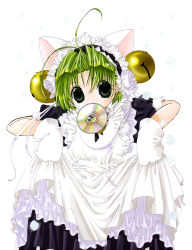 Rule 34 | 1girl, ahoge, animal ears, bell, cat ears, cd, dejiko, di gi charat, gloves, green eyes, green hair, headdress, koge donbo, looking at viewer, matching hair/eyes, mouth hold, petals, simple background, skirt hold, solo