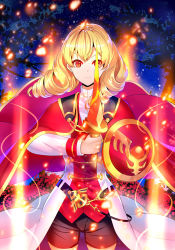 Rule 34 | 1girl, absurdres, bike shorts, blonde hair, cape, commentary request, drill hair, erika wagner, glowing, glowing sword, glowing weapon, highres, holding, holding sword, holding weapon, long hair, looking at viewer, night, red eyes, serious, shield, short sword, sky, slit pupils, solo, star (sky), starry sky, sword, sysen, twin drills, under night in-birth, under night in-birth exe:late[st], uniform, weapon
