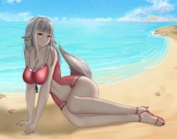 1girl absurdres alternate_costume animal_ears beach fire_emblem fire_emblem_fates grey_hair highres looking_at_viewer multicolored_hair nintendo outdoors purple_hair red_eyes solo streaked_hair succducc888 swimsuit tail velouria_(fire_emblem) water wolf_ears wolf_girl wolf_tail