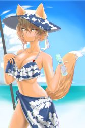 Rule 34 | 1girl, absurdres, animal ears, beach, bikini, blonde hair, blue bikini, bottle, breasts, cleavage, cloud, collarbone, commentary request, cowboy shot, day, ear cutout, ears through headwear, fox ears, fox tail, hand on own chest, hat, highres, large breasts, leaf print, light smile, looking at viewer, looking to the side, navel, ocean, outdoors, sarong, short hair, side-tie bikini bottom, single tail, slit pupils, solo, soretsu nitohei, standing, swimsuit, tail, touhou, water bottle, yakumo ran, yellow eyes