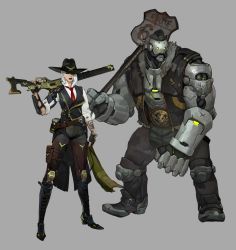Rule 34 | 1girl, absurdres, artist request, ashe (overwatch), belt buckle, black hat, black nails, blizzard (company), bob (overwatch), boots, buckle, cowboy hat, cross-laced footwear, expressionless, fingerless gloves, full body, fur trim, gloves, gun, hat, hat over one eye, highres, lace-up boots, lever action, lipstick, looking at viewer, makeup, mole, mole above mouth, nail polish, official art, overwatch, overwatch 1, red eyes, red lips, road sign, robot, sign, simple background, standing, tattoo, top hat, unzipped, weapon, white hair