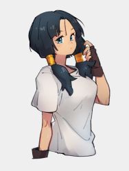Rule 34 | 1girl, black hair, blue eyes, brown gloves, closed mouth, dragon ball, dragonball z, fingerless gloves, gloves, grey background, kemachiku, looking at viewer, shirt, short sleeves, simple background, solo, t-shirt, twintails, upper body, videl, white shirt