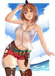 Rule 34 | 1girl, arind yudha, atelier (series), atelier ryza, atelier ryza 1, beach, belt, breasts, brown hair, cleavage, hair ribbon, hand on own head, happy, highres, jewelry, navel, necklace, reisalin stout, ribbon, short shorts, shorts, skin tight, skindentation, smile, solo, tank top, thick thighs, thigh gap, thighhighs, thighs