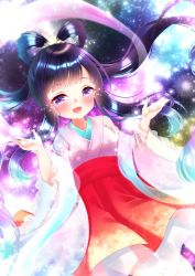 Rule 34 | 1girl, :d, absurdres, black hair, blue hair, blush, commentary request, glowing, gradient hair, hagoromo, hands up, highres, japanese clothes, kimono, long hair, long sleeves, mirai (happy-floral), multicolored hair, open mouth, original, orihime (tanabata), pleated skirt, purple eyes, red skirt, see-through, shawl, sidelocks, skirt, smile, solo, star (sky), tanabata, tears, very long hair, white kimono, wide sleeves