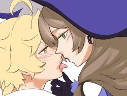 Rule 34 | 1boy, 1girl, aether (genshin impact), age difference, ahoge, black gloves, blush, commentary, earrings, english commentary, gloves, green eyes, hat, highres, jewelry, kiss, lipstick, lipstick mark, lisa (genshin impact), makeup, pink lips, simple background, witch hat, yellow eyes, yuushiba