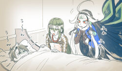 Rule 34 | &gt; &lt;, 3boys, ahoge, bed, black hair, chest tattoo, closed eyes, commentary request, eyeshadow, fang, fate/grand order, fate (series), flower tattoo, fujimaru ritsuka (male), gedougawa, gloom (expression), green eyes, green hair, hair between eyes, hair slicked back, hands on own cheeks, hands on own face, long bangs, long hair, looking at another, makeup, male focus, multiple boys, open mouth, red eyes, shi huang di (fate), sidelocks, skin fang, smile, tattoo, under covers, upper body, very long hair, white hair, yan qing (fate)