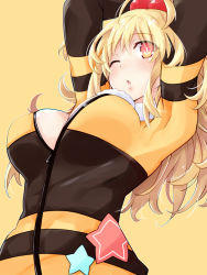 Rule 34 | 1girl, ;o, arms up, blonde hair, blush, breasts, cleavage, curly hair, from below, fur-trimmed jacket, fur trim, hair bobbles, hair ornament, hair over one eye, highres, iwashi dorobou -r-, jacket, kami jigen game neptune v, large breasts, long hair, looking at viewer, multicolored clothes, multicolored jacket, neptune (series), one eye closed, orange eyes, partially unzipped, pish, power symbol, power symbol-shaped pupils, solo, star (symbol), stretching, striped clothes, striped jacket, symbol-shaped pupils, two-tone jacket, yellow eyes, yellow heart (neptunia)