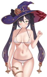 Rule 34 | 1girl, bare arms, bare shoulders, bikini, black hair, blush, breasts, cleavage, closed mouth, collarbone, cowboy shot, crescent, crescent hat ornament, genshin impact, gluteal fold, gradient hair, green eyes, hat, hat ornament, highres, large breasts, long hair, looking at viewer, mona (genshin impact), multicolored hair, navel, purple hair, purple hat, simple background, skindentation, smile, solo, stomach, swimsuit, thigh gap, thighlet, very long hair, vodka13, white background, white bikini, witch hat