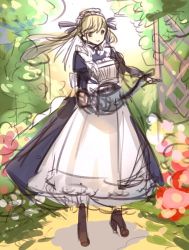 Rule 34 | 10s, 1girl, alternate costume, apron, black dress, black eyes, black footwear, black ribbon, blonde hair, boots, cucouroux (granblue fantasy), dress, granblue fantasy, hair ribbon, koza game, long hair, lowres, maid, maid apron, outdoors, ribbon, smile, solo, standing, twintails