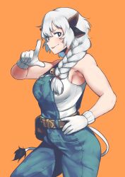 Rule 34 | 1girl, absurdres, animal ears, bell, belt, blue eyes, blue overalls, blush, breasts, bright pupils, brown belt, brown horns, commentary request, cow ears, cow girl, cow horns, cow tail, cowboy shot, gloves, hair over shoulder, hand on own hip, highres, hoplitx, horns, index finger raised, jingle bell, large breasts, long hair, looking at viewer, medium bangs, nandi (puchirisu), neck bell, open mouth, orange background, original, overalls, pouch, simple background, smile, solo, tail, tank top, white gloves, white hair, white pupils, white tank top