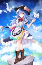 Rule 34 | 1girl, absurdres, bird, black hat, blue hair, blush, boots, bow, bowtie, brown footwear, cloud, cross-laced footwear, food, fruit, full body, hat, highres, hinanawi tenshi, leaf, long hair, looking at viewer, nose blush, orchid (orukido), peach, pink eyes, puffy short sleeves, puffy sleeves, red bow, shirt, short sleeves, skirt, sky, smile, solo, standing, star (sky), starry sky, touhou, very long hair