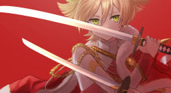 Rule 34 | 1girl, aiguillette, blonde hair, blurry, commentary request, covered mouth, daiba nana, depth of field, dual wielding, epaulettes, fur-trimmed jacket, fur trim, green eyes, green ribbon, hair between eyes, hair ribbon, hands up, highres, holding, holding sword, holding weapon, jacket, jacket on shoulders, katana, long sleeves, looking at viewer, otoshiro kosame, red background, red jacket, red sash, ribbon, sash, short hair, short twintails, shoujo kageki revue starlight, shoulder sash, simple background, solo, sword, twintails, upper body, weapon, white jacket