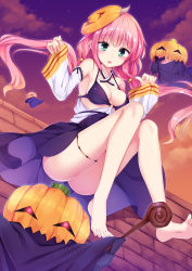Rule 34 | 1girl, ass, barefoot, black bra, blush, bra, breasts, cleavage, commentary request, east01 06, feet, green eyes, halloween, hat, highres, jack-o&#039;-lantern, long hair, looking at viewer, low twintails, mask, mask on head, medium breasts, open mouth, original, pink hair, sitting, soles, toes, twilight, twintails, underwear, witch hat