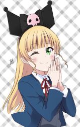 Rule 34 | 1girl, bad id, bad twitter id, black headband, black headwear, blonde hair, blue jacket, blunt bangs, blush, closed mouth, cosplay, drill hair, drill sidelocks, green eyes, grey background, headband, heanna sumire, highres, jacket, kuromi, kuromi (cosplay), long hair, looking at viewer, love live!, love live! superstar!!, neck ribbon, one eye closed, own hands together, red ribbon, ribbon, sanrio, school uniform, sidelocks, signature, smile, solo, split mouth, winter uniform, yuigaoka school uniform, zero-theme
