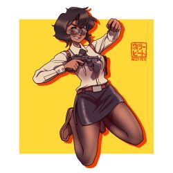 Rule 34 | 1girl, absurdres, artist name, aviator sunglasses, belt, black hair, black necktie, black skirt, blue eyes, border, breast pocket, brown footwear, commentary, commission, cz 75, english commentary, gun, gunsmith cats, handgun, highres, holster, kneeling, leather belt, loafers, looking at viewer, necktie, outside border, pantyhose, pocket, rally vincent, shirt, shoes, shoulder holster, skirt, smile, solo, sunglasses, weapon, white border, white shirt, willy pete, yellow background