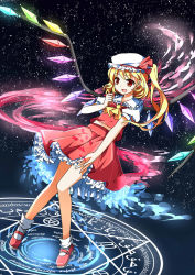 Rule 34 | 1girl, ascot, bad id, bad pixiv id, blonde hair, clenched hand, collar, dress, energy, fang, flandre scarlet, frilled skirt, frills, full body, glowing, greek text, happy, hat, hat ribbon, hujiayi1992, knees together feet apart, layered skirt, legs together, magic circle, mary janes, midriff peek, open mouth, red dress, red eyes, red footwear, red ribbon, red skirt, ribbon, runes, shoes, short hair, short sleeves, side ponytail, simple background, skirt, smile, socks, solo, space, standing, star (symbol), touhou, vest, white dress, white hat, white socks, wings
