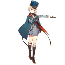 Rule 34 | 1girl, black footwear, blonde hair, blue dress, boots, braid, breasts, closed mouth, clothing request, coat, dress, finger to mouth, full body, girls&#039; frontline, gloves, gun, half gloves, handgun, hat, head tilt, high heel boots, high heels, holding, holding gun, holding weapon, kamon (shinshin), kepi, knee boots, looking at viewer, medium breasts, military, military hat, military uniform, mp-448 (girls&#039; frontline), mp448, official art, open clothes, open coat, outstretched arm, red eyes, short hair, shushing, simple background, sleeveless, sleeveless coat, solo, transparent background, uniform, weapon