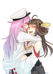 Rule 34 | 10s, 2girls, ahoge, bare shoulders, blue eyes, blush, brown hair, carrying, detached sleeves, closed eyes, female admiral (kancolle), flying sweatdrops, hairband, heart, hinagi (fox priest), japanese clothes, kantai collection, kongou (kancolle), long hair, multiple girls, nagano hinata, nontraditional miko, open mouth, personification, pink hair, smile, yuri