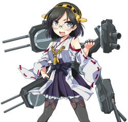 Rule 34 | &gt;:d, 10s, 1girl, :d, bad id, bad pixiv id, bare shoulders, black eyes, black hair, black pantyhose, blush, boots, brass knuckles, breasts, cannon, detached sleeves, frilled skirt, frills, glasses, hairband, japanese clothes, kantai collection, kirishima (kancolle), kotojima motoki, microphone, nontraditional miko, open mouth, pantyhose, personification, ribbon-trimmed sleeves, ribbon trim, short hair, skirt, smile, solo, thigh boots, thighhighs, turret, v-shaped eyebrows, weapon