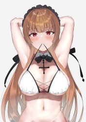 Rule 34 | 1girl, absurdres, armpits, arms behind head, azur lane, bikini, bikini in mouth, black headband, breasts, brown hair, cleavage, clothes in mouth, cross, cross-laced bikini, cross-laced clothes, cross necklace, frilled hairband, frills, hairband, headband, highres, iroha uca, jewelry, large breasts, long hair, looking at viewer, maid, maid bikini, mouth hold, multi-strapped bikini, necklace, official alternate costume, red eyes, simple background, solo, swiftsure (azur lane), swiftsure (midsummer special service) (azur lane), swimsuit, two-tone bikini, unconventional maid, white background, white bikini