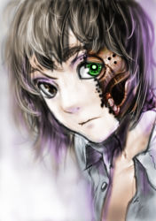 Rule 34 | 1girl, androgynous, android, artificial skin, brown eyes, burnt, buttons, closed mouth, collarbone, collared shirt, damaged, expressionless, face, glowing, glowing eye, green eyes, grey hair, heterochromia, looking at viewer, mechanical parts, metropolis, open clothes, open shirt, shirt, skull, solo, spoilers, teeth, teru sakura, tima (metropolis), unbuttoned, unbuttoned shirt, white shirt, wing collar
