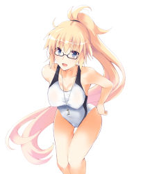 Rule 34 | 1girl, :d, absurdly long hair, black-framed eyewear, blonde hair, blue eyes, breasts, cleavage, collarbone, competition swimsuit, covered erect nipples, cowboy shot, fate/grand order, fate (series), glasses, hair between eyes, high ponytail, jeanne d&#039;arc (fate), jeanne d&#039;arc (ruler) (fate), jeanne d&#039;arc (swimsuit archer) (fate), jeanne d&#039;arc (swimsuit archer) (second ascension) (fate), large breasts, leaning forward, long hair, one-piece swimsuit, open mouth, rikudou inuhiko, semi-rimless eyewear, simple background, smile, solo, standing, swimsuit, thigh gap, under-rim eyewear, very long hair, whistle, white background, white one-piece swimsuit